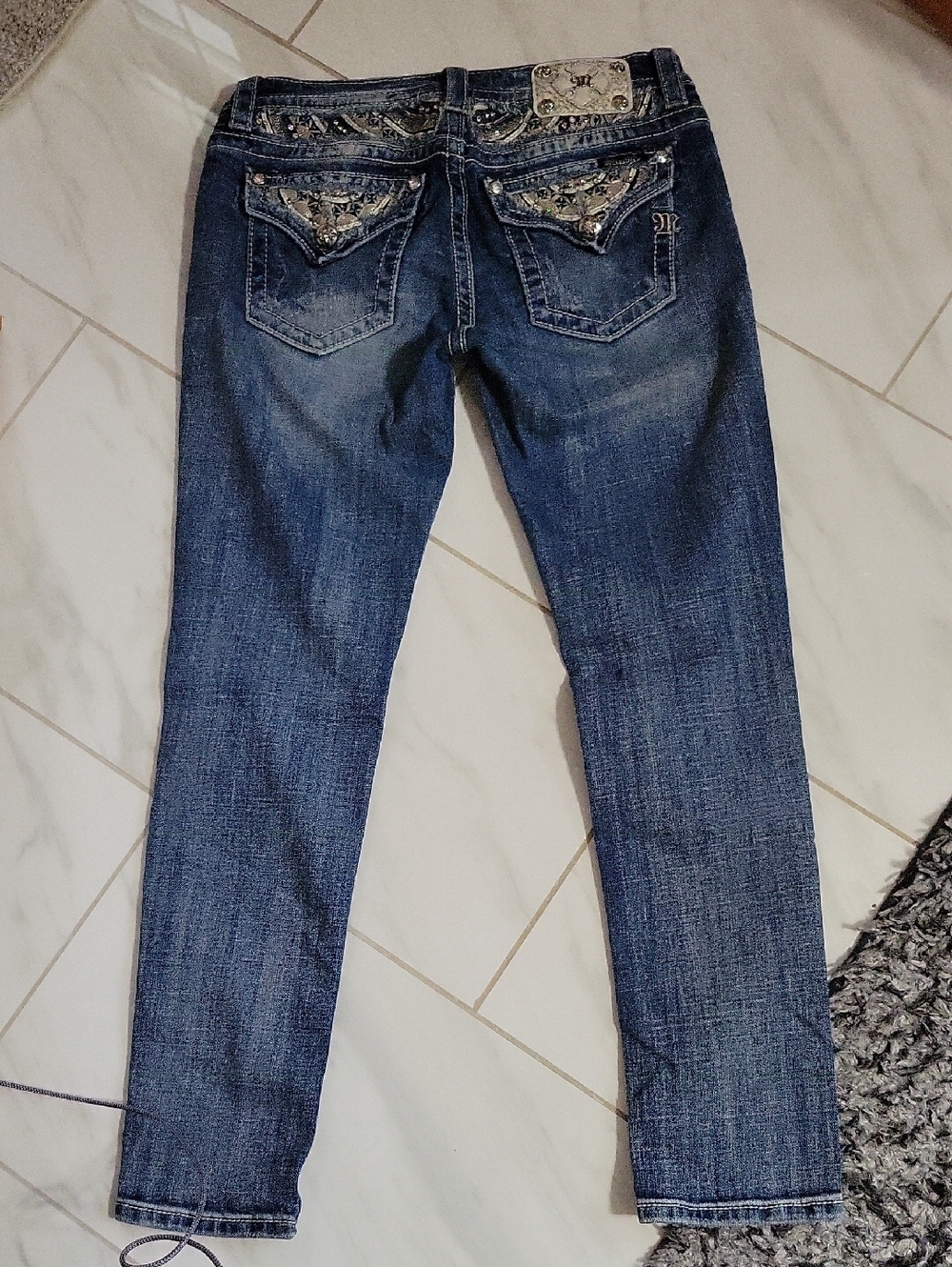 Miss Me Dark Blue Skinny Jeans with Embellished Back Pockets